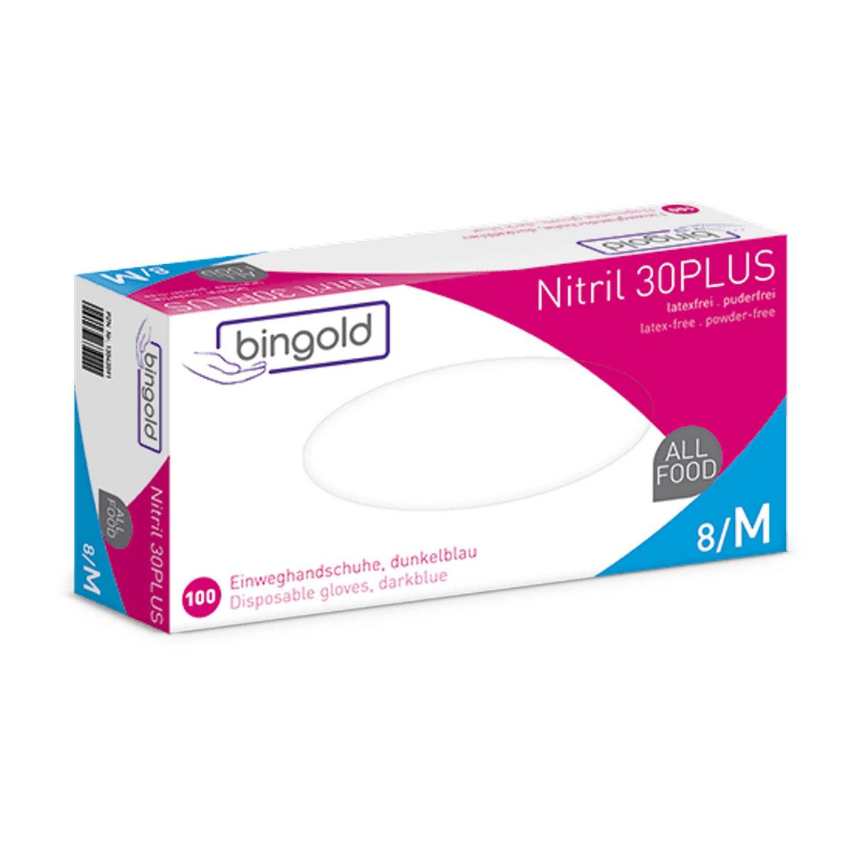 Einweghandschuhe Nitril puderfrei, dunkelblau, "BINGOLD Nitril 30PLUS", 100 Stück/Box | Größe M
