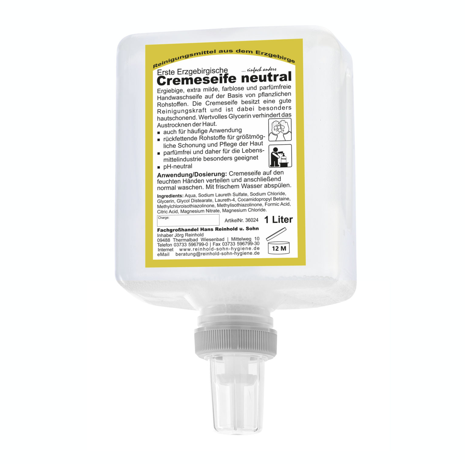 Erste Erzgebirgische Cremeseife neutral |  1-Liter-Patrone 