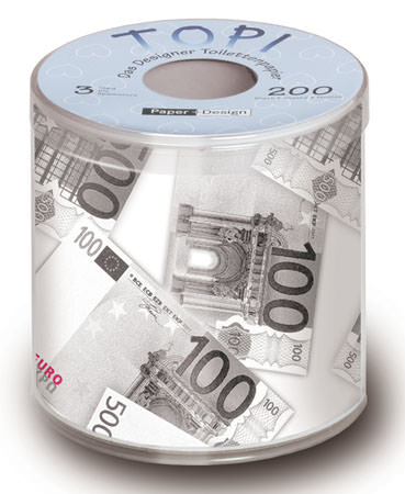 Toilettenpapier 3-lagig, farbig bedruckt | 200 Blatt/Rolle Motiv "Euroscheine Geldscheine" 
