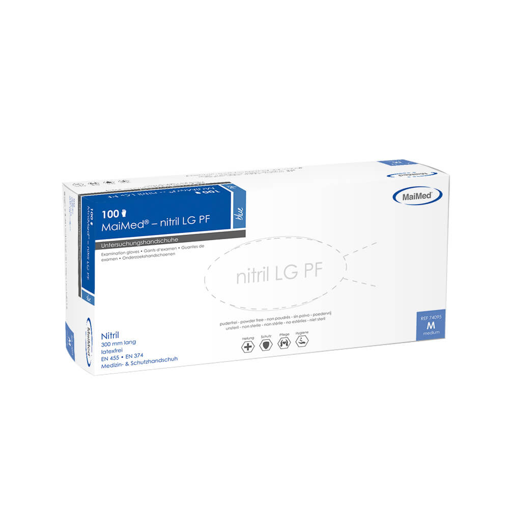 Einweghandschuhe Nitril puderfrei, blau, 30 cm lang, "nitril LG PF" | 100 Stück/Box Größe S 
