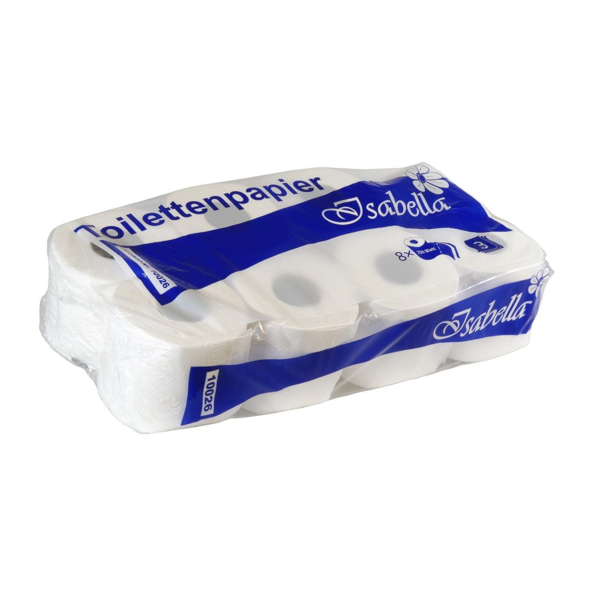 Toilettenpapier 3-lagig, 250 Blatt/Rolle, Zellstoff geprägt | 72 Rollen/Sack 
