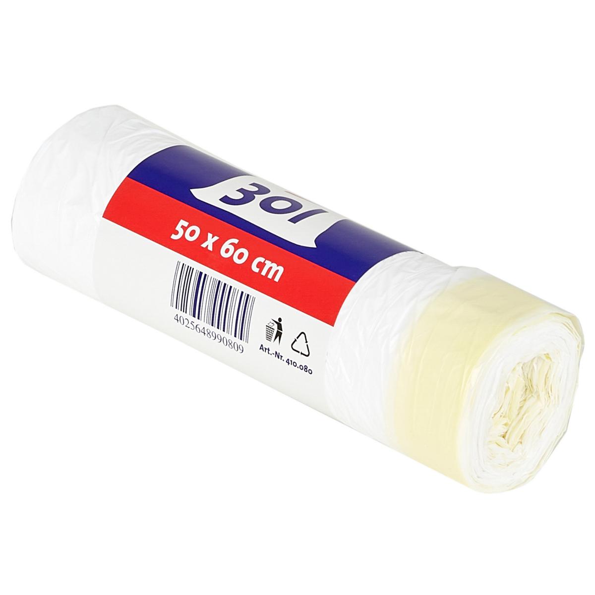 Müllbeutel  30 Liter, 10,5 µ, HDPE, weiß, mit Zugband, 500 x 600 mm | 40 Stück/Rolle 