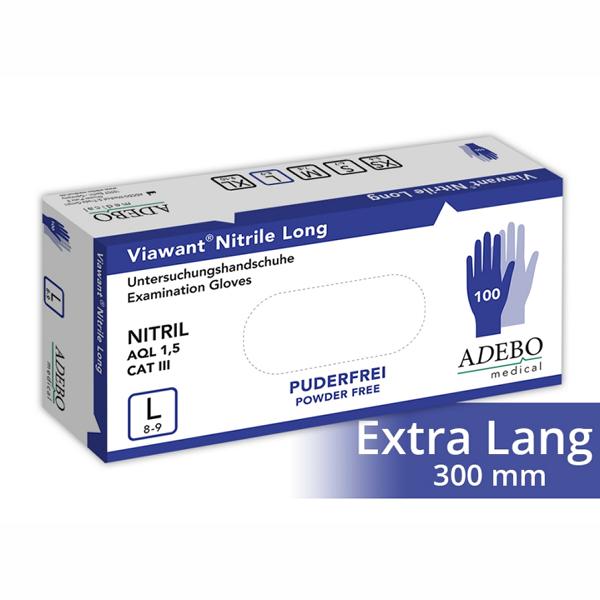 Einweghandschuhe Nitril, LG  puderfrei, blau 30 cm lang, "Viawant Nitrile Long", 100 Stück/Box | Größe M 
