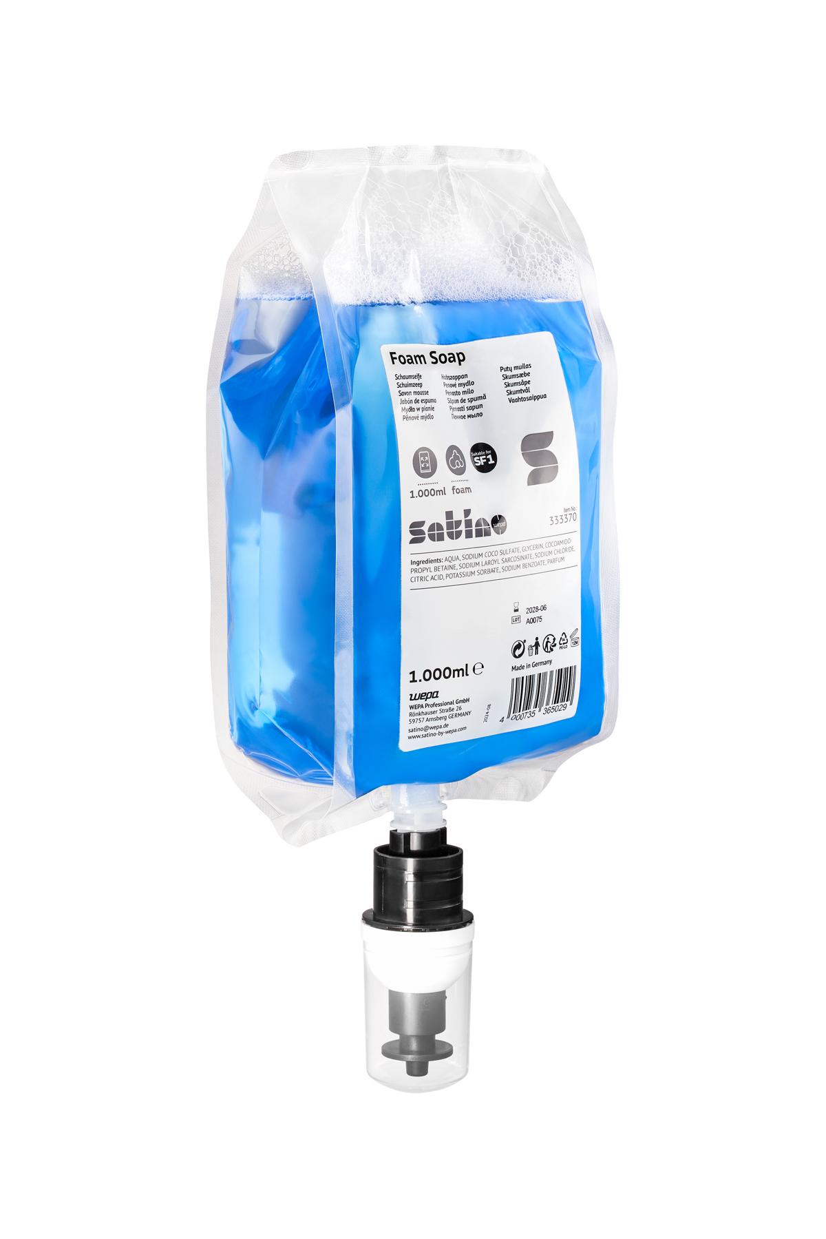Seifen-Schaum-Patrone "Satino", Einwegkartusche mit Pumpe | 1000 ml 
