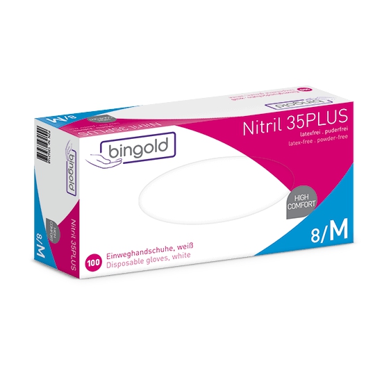 Einweghandschuhe Nitril puderfrei "Bingold Nitril 35PLUS", weiß, 100 Stück/Box | Größe L