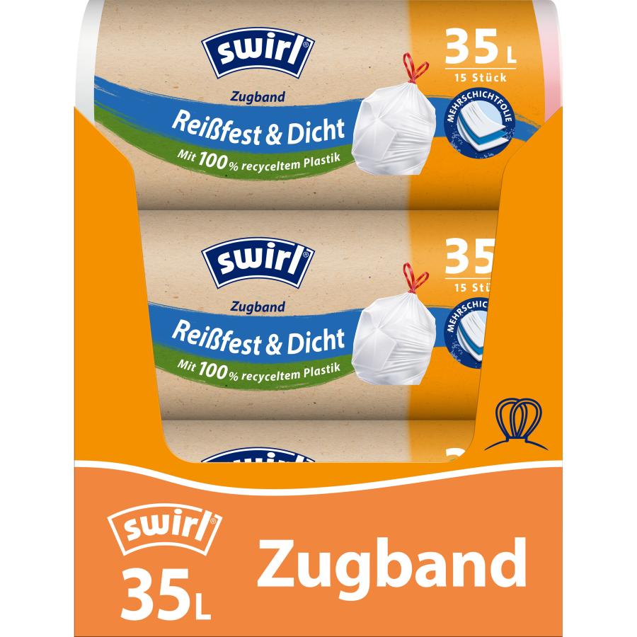Müllbeutel  35 Liter mit Zugband, weiß, 650 x 700 mm | 15 Beutel/Rolle 