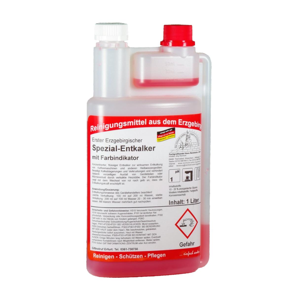 Erster Erzgebirgischer Spezial-Entkalker mit Farbindikator | 1 Liter Dosierflasche 
