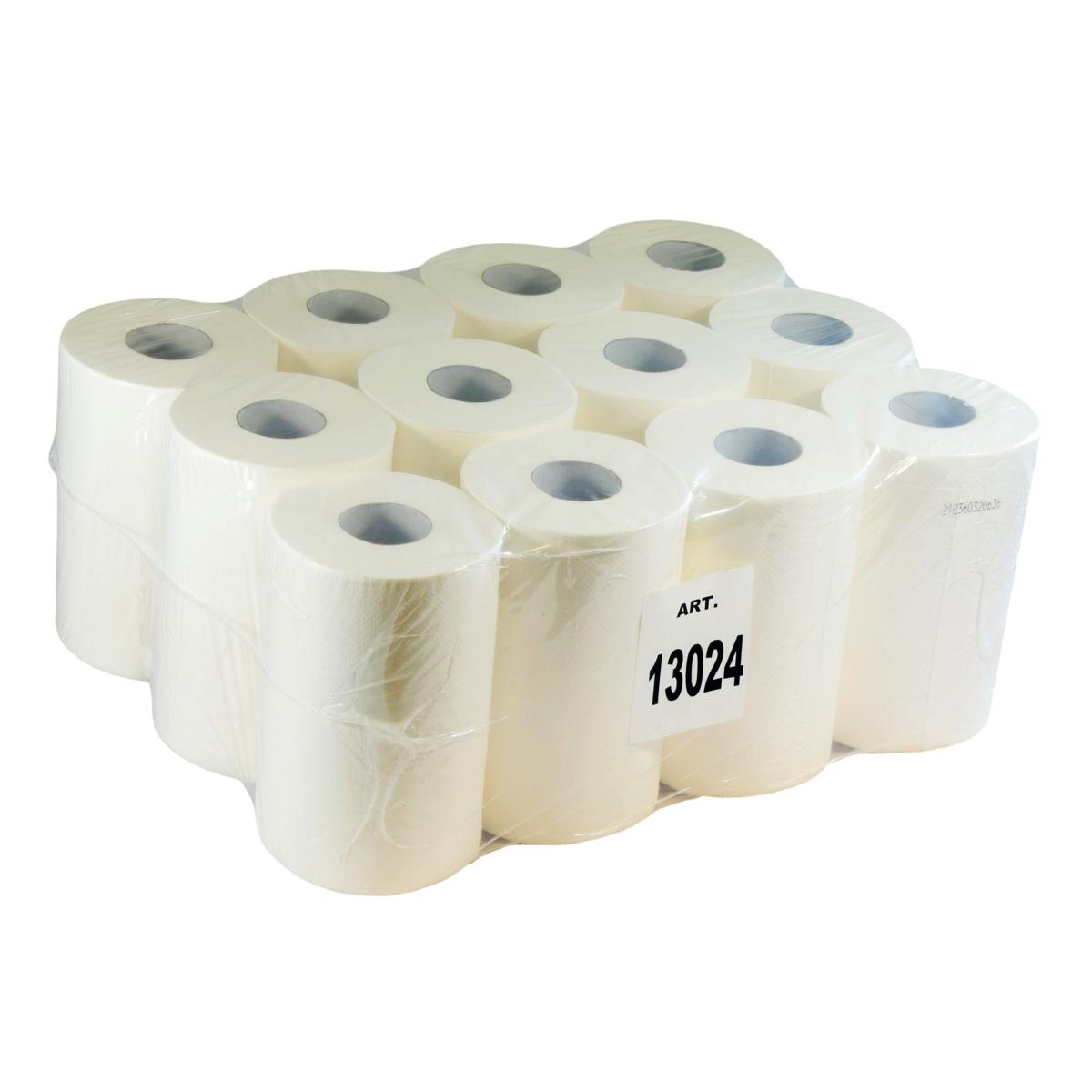 Papierhandtücher Rollenhandtücher Innenabrollung 2-lagig, 100% Zellstoff weiß, 72 m, "TOP MINI 200", 212 Blatt | 12 Rollen 
