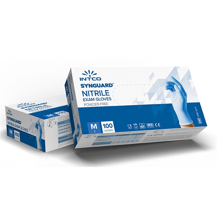 Einweghandschuhe Nitril puderfrei, blau, "INTCO Synguard® Nitrile Exam Gloves", 100 Stück/Box | Größe L 
