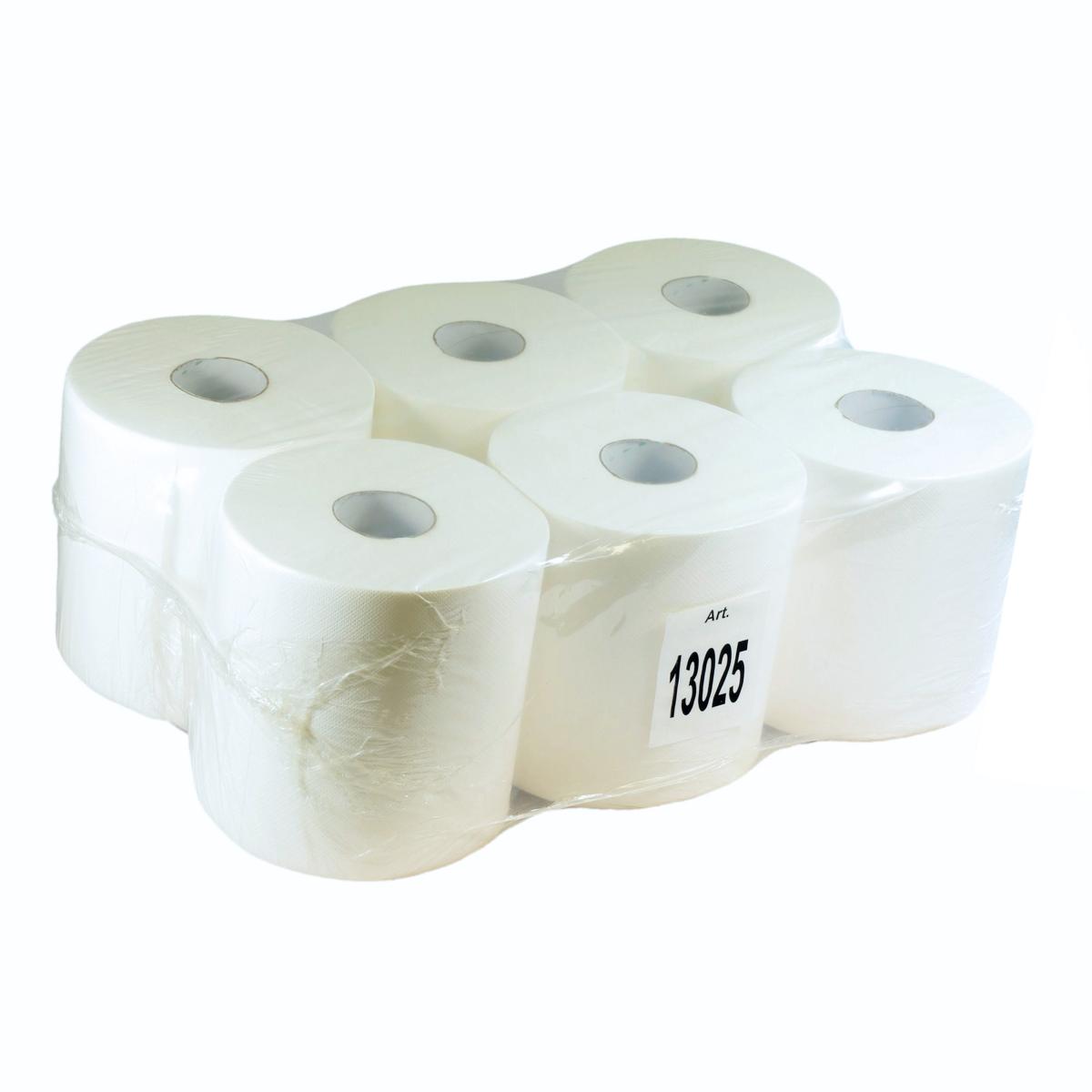 Papierhandtücher Rollenhandtücher Innenabrollung 2-lagig, 100% Zellstoff weiß, 153 m, "ACTION 450", 450 Blatt | 6 Rollen 
