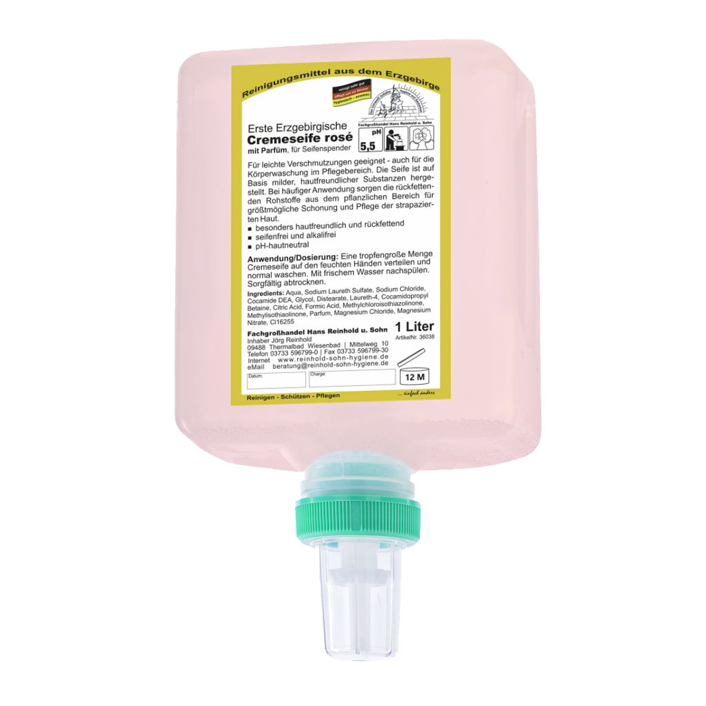 Erste Erzgebirgische Cremeseife rosé, mit Parfüm |  1-Liter-Patrone 
