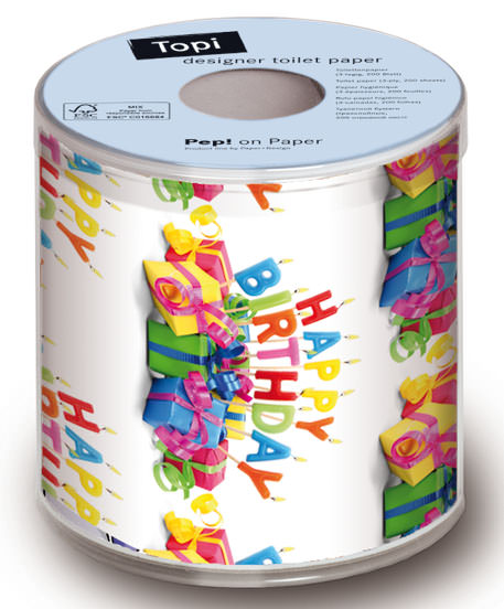 Toilettenpapier 3-lagig, farbig bedruckt | 200 Blatt/Rolle Motiv "Geburtstag Happy Birthday" 

